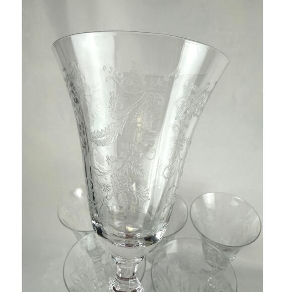 Vintage Etched Crystal Flower Wine Glasses Water Goblets Set Of 6 - Picture 4 of 5